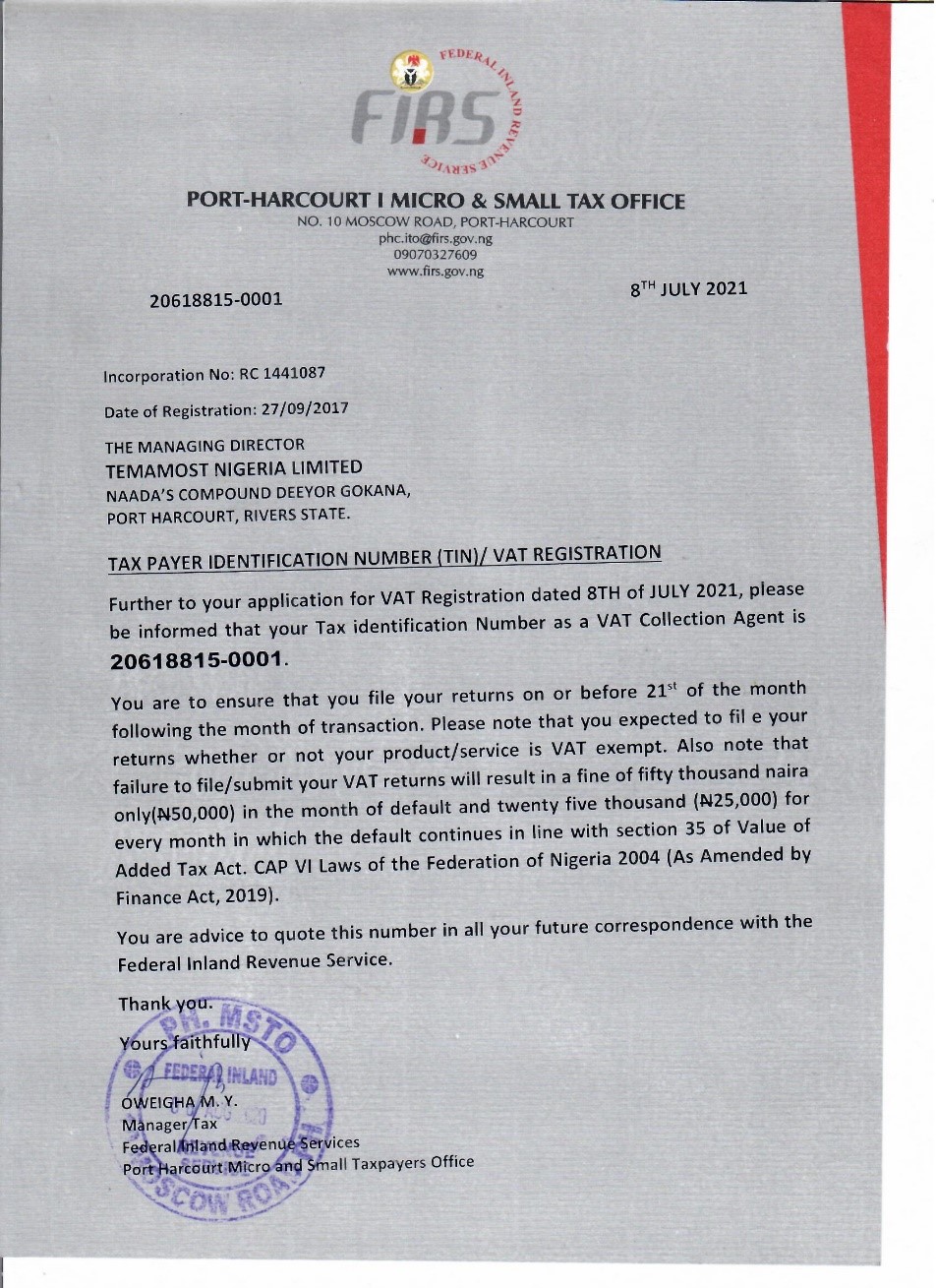 Value Added Tax (VAT) Registration Certificate